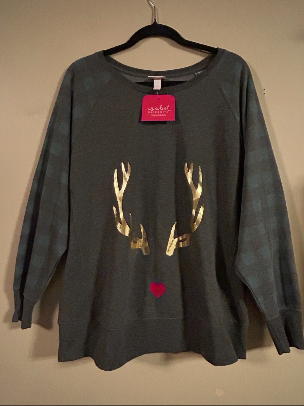 Isabel MATERNITY Reindeer Christmas Sweatshirt Gray Gold XL NWT